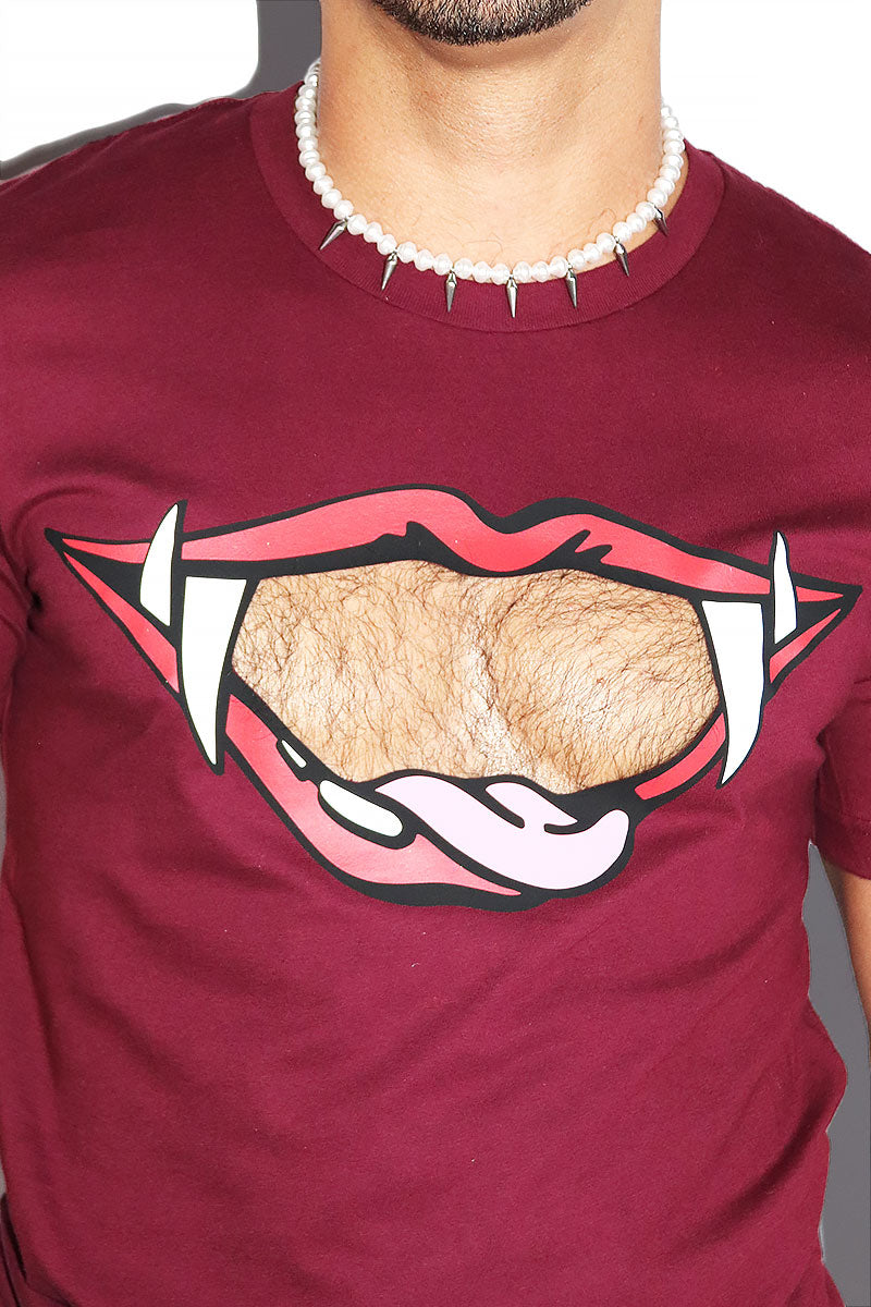Vampire Teeth Cutout Tee-Burgandy