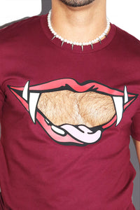Vampire Teeth Cutout Tee-Burgandy