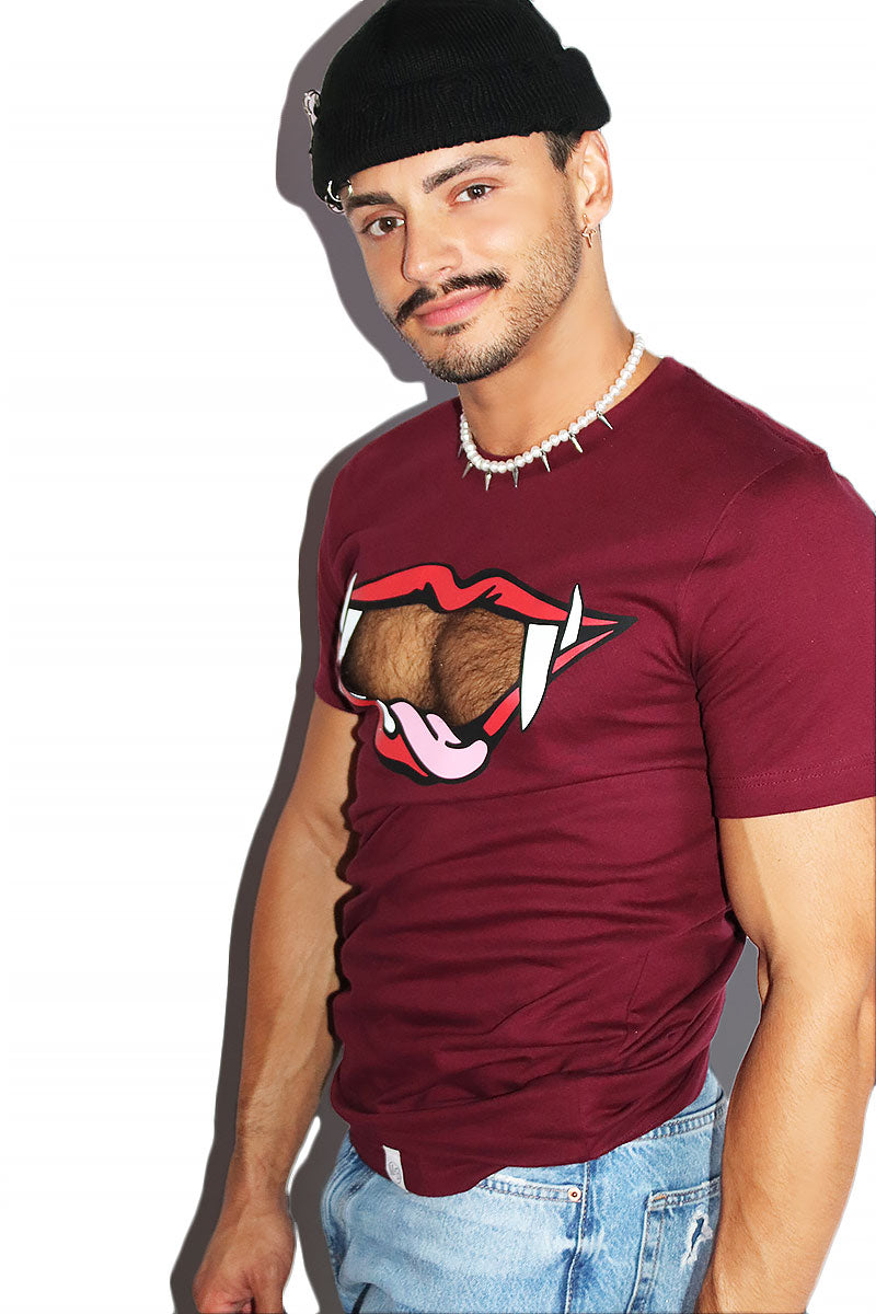 Vampire Teeth Cutout Tee-Burgandy