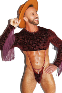 Deco Velvet Fringe Fitted Long Sleeve Extreme Crop Tee- Burgandy