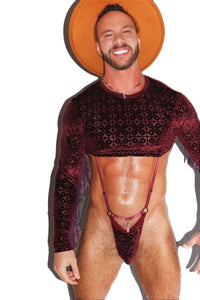 Deco Velvet Fringe Fitted Long Sleeve Extreme Crop Tee- Burgandy