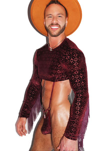 Deco Velvet Fringe Fitted Long Sleeve Extreme Crop Tee- Burgandy