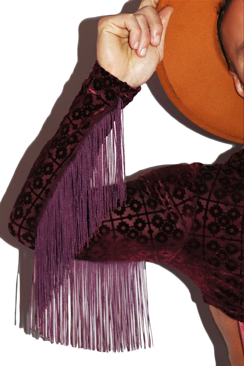 Deco Velvet Fringe Fitted Long Sleeve Extreme Crop Tee- Burgandy