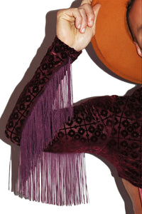 Deco Velvet Fringe Fitted Long Sleeve Extreme Crop Tee- Burgandy