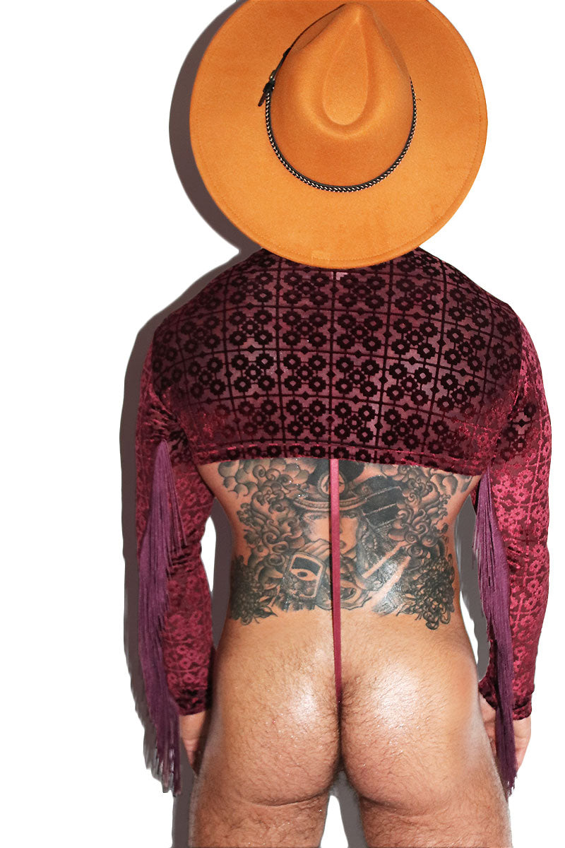 Deco Velvet Fringe Fitted Long Sleeve Extreme Crop Tee- Burgandy