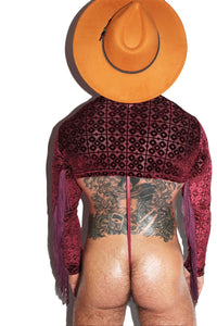 Deco Velvet Fringe Fitted Long Sleeve Extreme Crop Tee- Burgandy