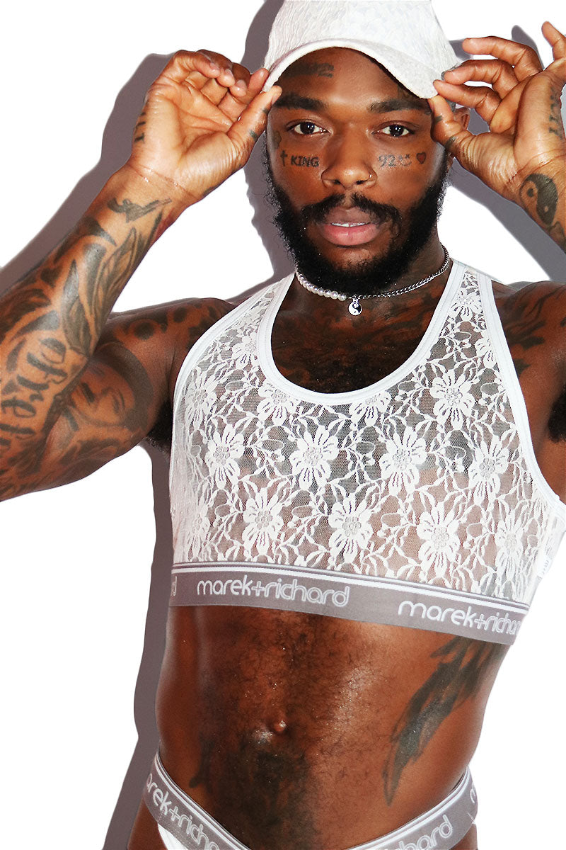Lace Lingerie Crop Racerback Tank- White
