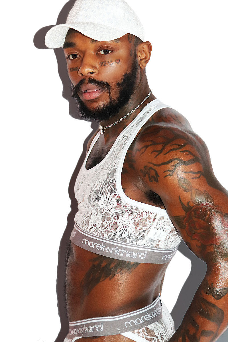 Lace Lingerie Crop Racerback Tank- White