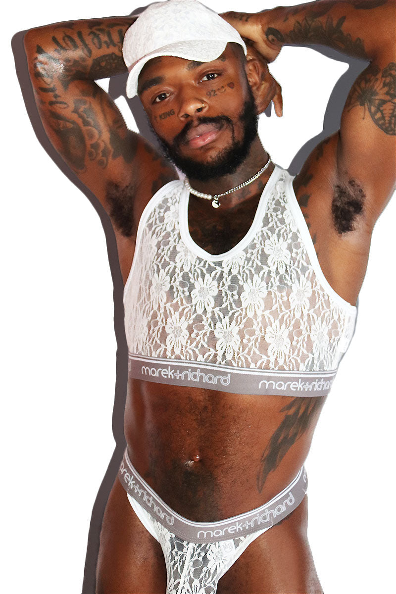 Lace Lingerie Crop Racerback Tank- White