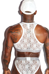 Lace Lingerie Crop Racerback Tank- White