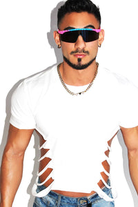 Shredded Oblique Crop Tee-White