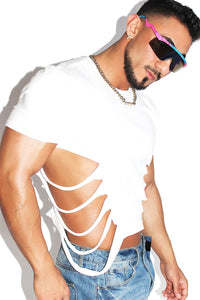Shredded Oblique Crop Tee-White