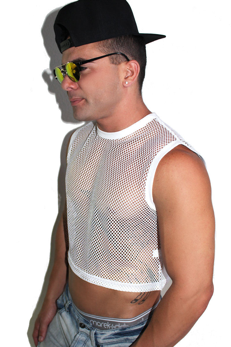 Core Mesh Crop Tank-White