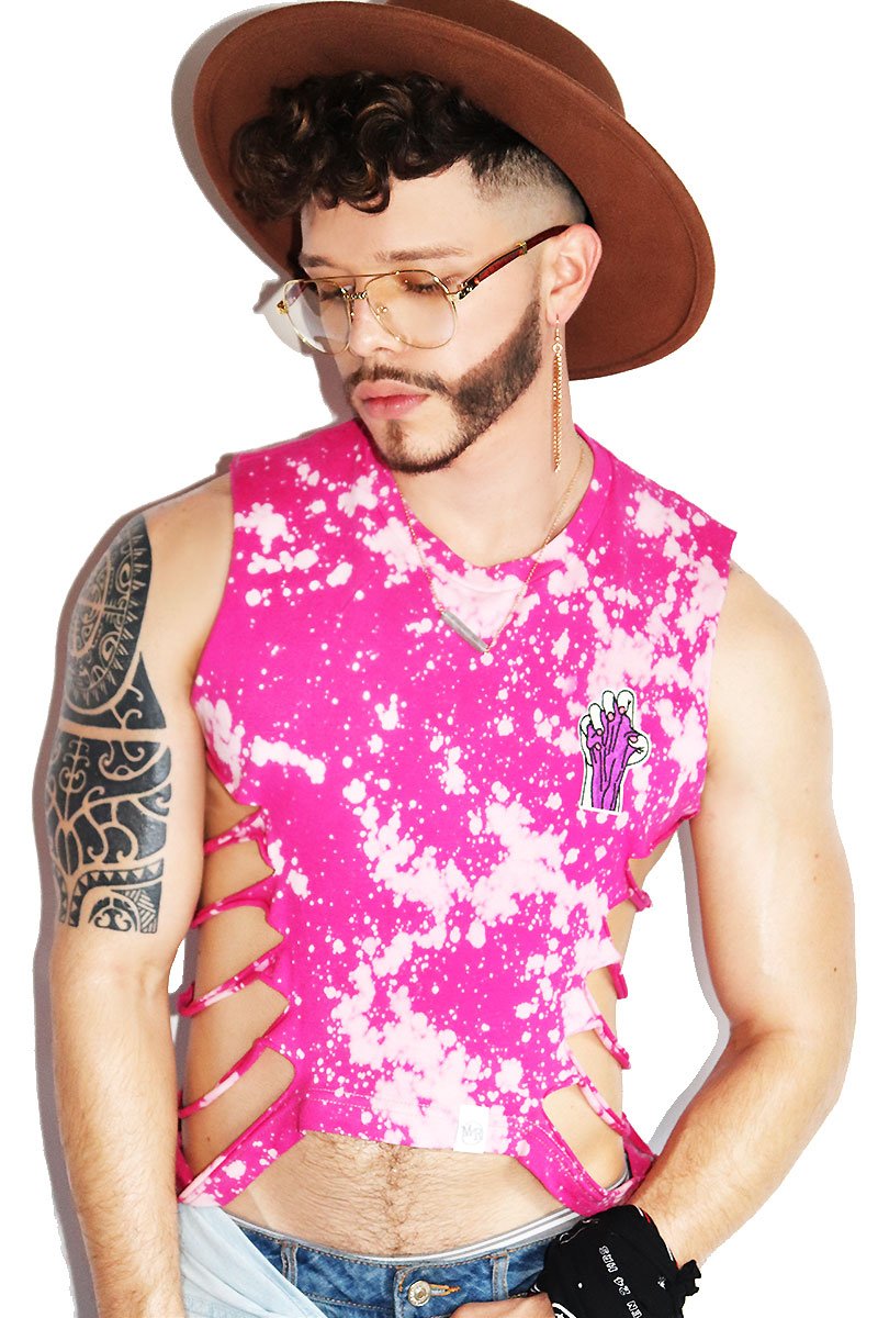 Pink Fist Shredded Oblique Crop Tank-Fushia