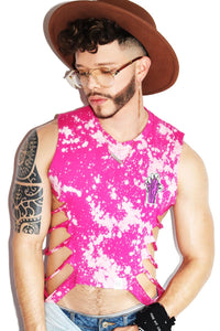 Pink Fist Shredded Oblique Crop Tank-Fushia