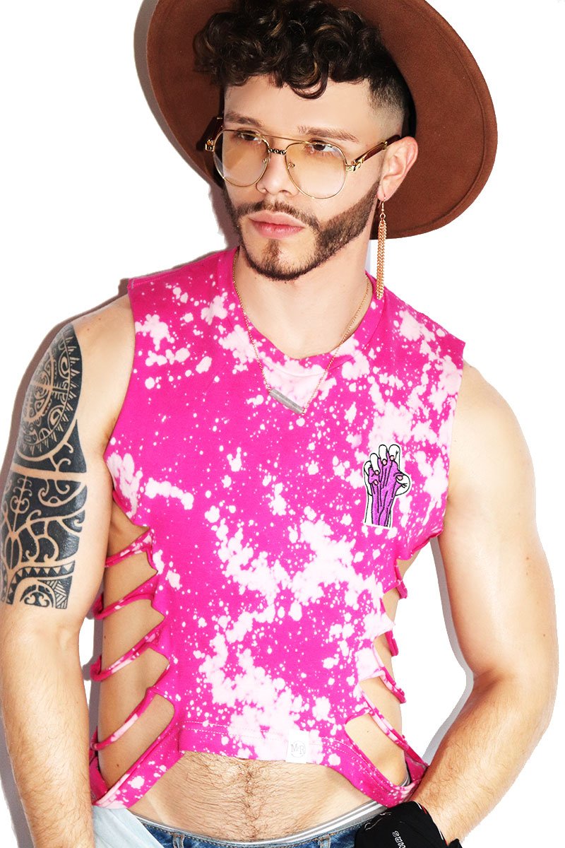 Pink Fist Shredded Oblique Crop Tank-Fushia