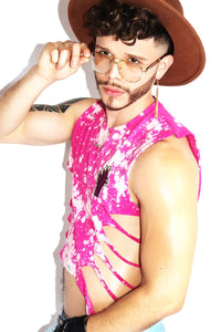 Pink Fist Shredded Oblique Crop Tank-Fushia