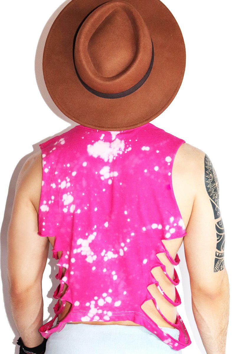 Pink Fist Shredded Oblique Crop Tank-Fushia