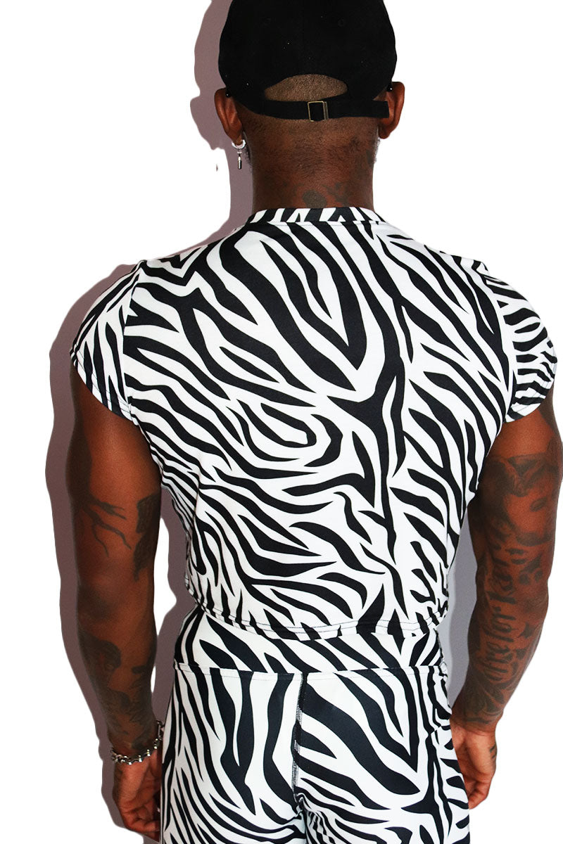 Zebra All Over Print Fitted Crop Tank- White