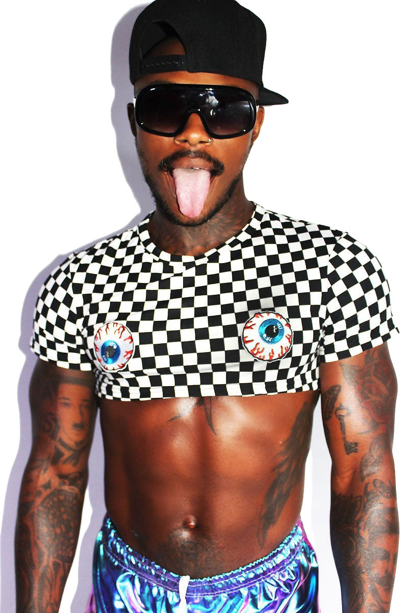 Crazy Eyes Checkerboard Extreme Crop Tee-Black