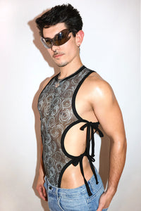 Funeral Rose Cutout Tied Up Bodysuit- Black