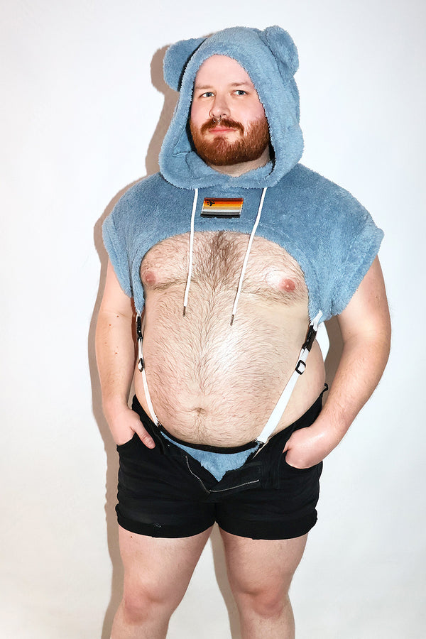 Pride Bear Hoodie Strap Thong Bodysuit- Blue