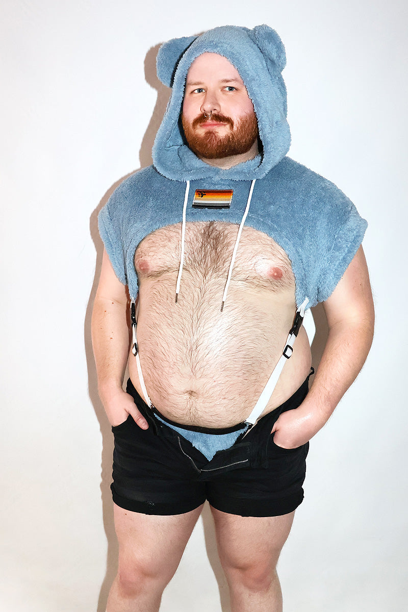 Pride Bear Hoodie Strap Thong Bodysuit- Blue