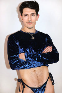 Crushed Velvet Long Sleeve Crop Tee- Navy