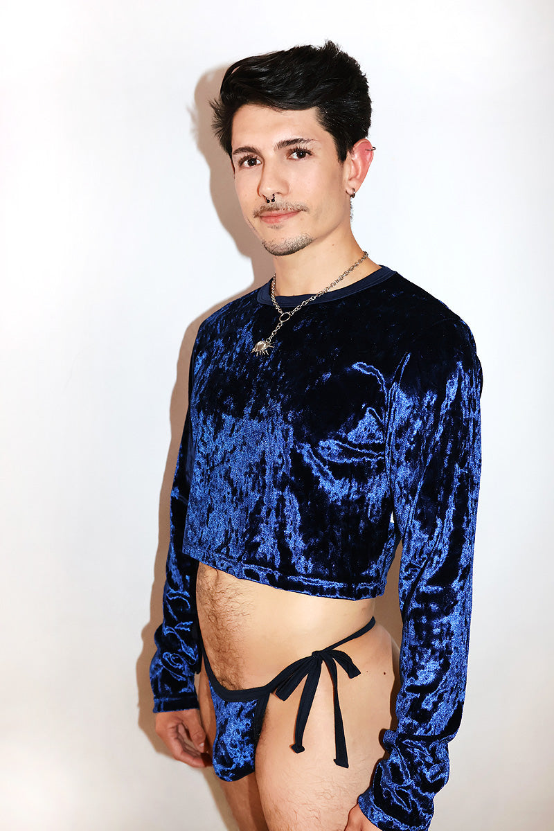 Crushed Velvet Long Sleeve Crop Tee- Navy