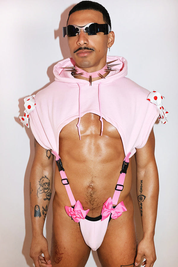 Thrills and Frills Bows Sleeveless High Cut Bodysuit in Pink