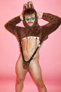 Laboyboy Furry Monster Hoodie Strap Thong Bodysuit- Chocolate