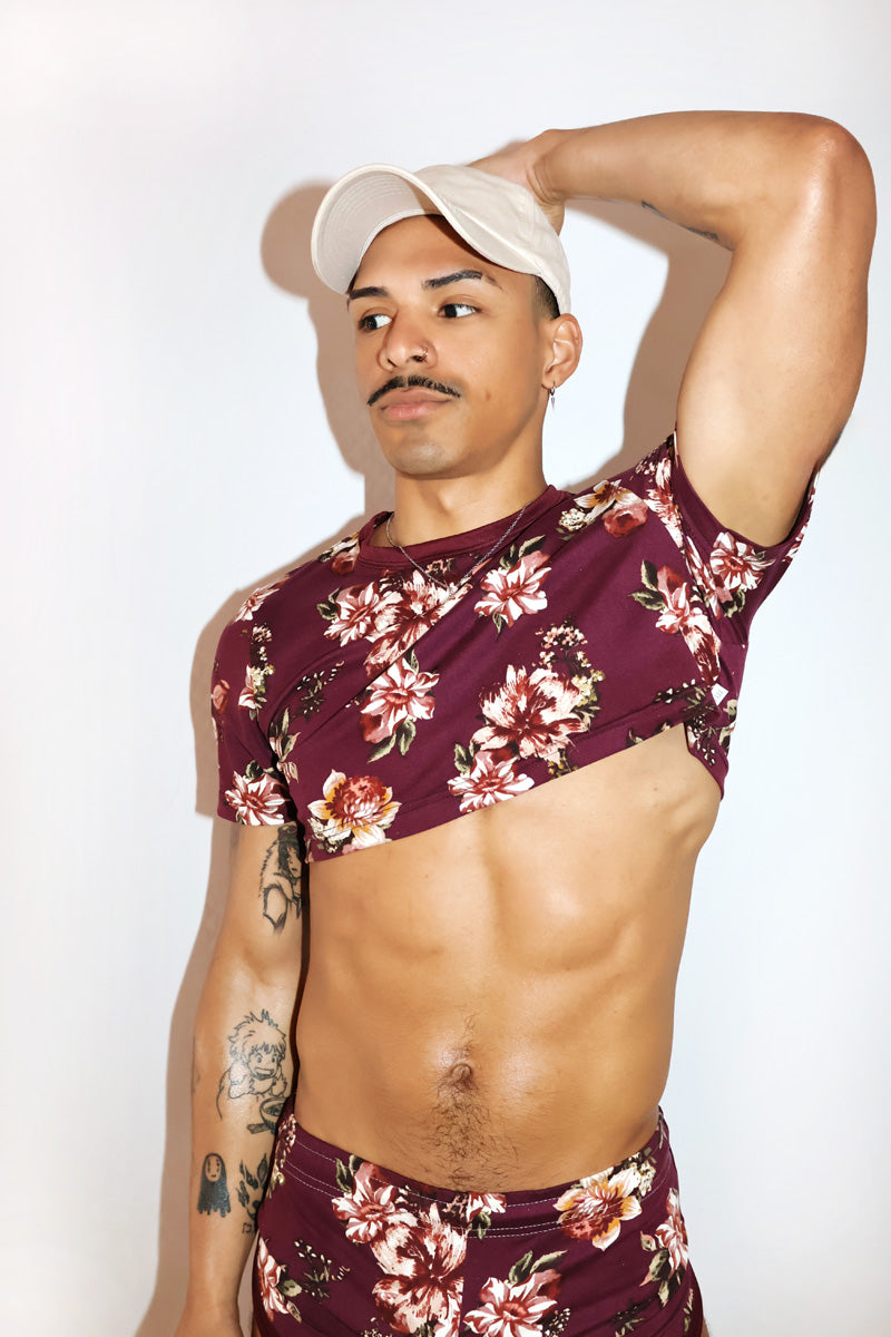 Floral Garden Extreme Crop Tee- Burgandy