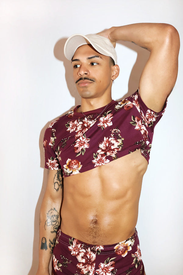 Floral Garden Extreme Crop Tee in Burgandy