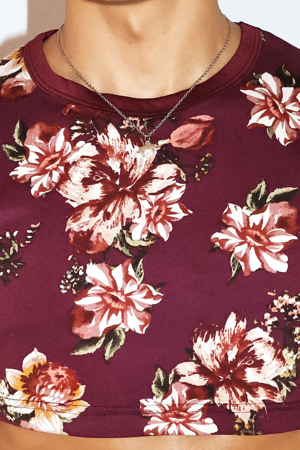 Floral Garden Extreme Crop Tee in Burgandy, view 2