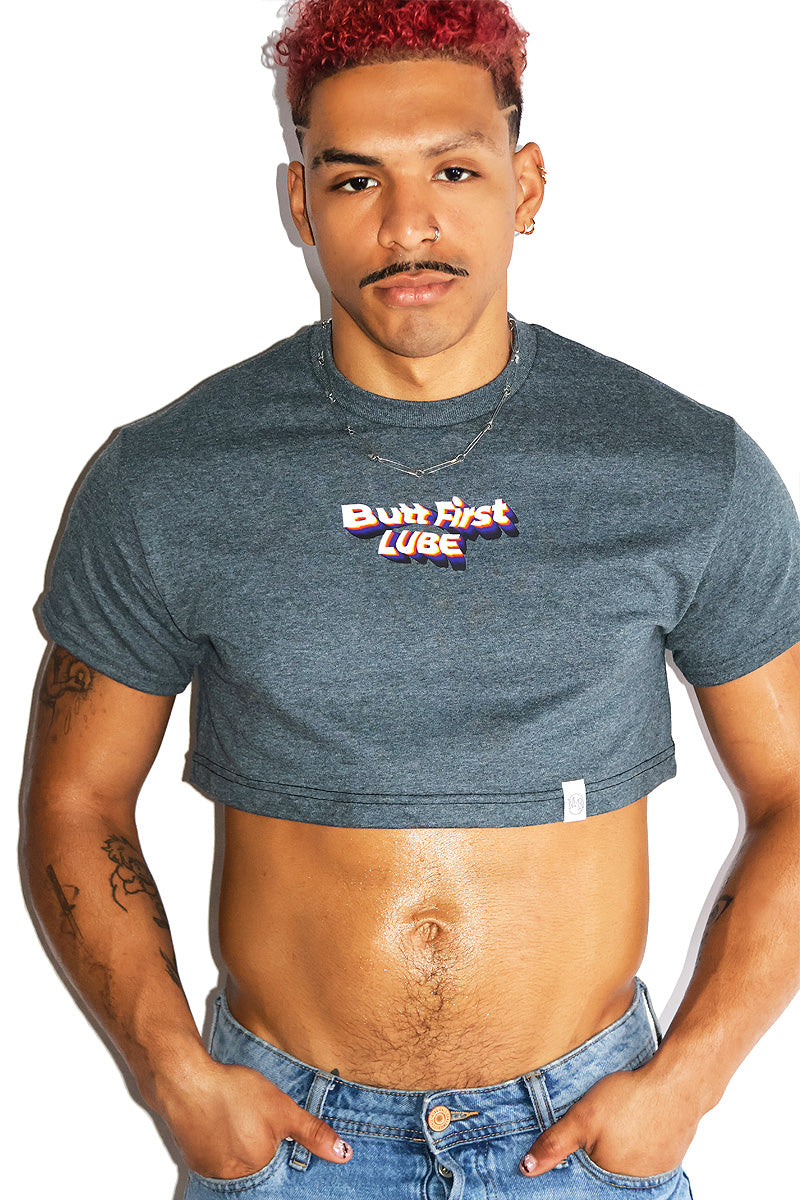 Butt First Lube Extreme Crop Tee-Dark Charcoal