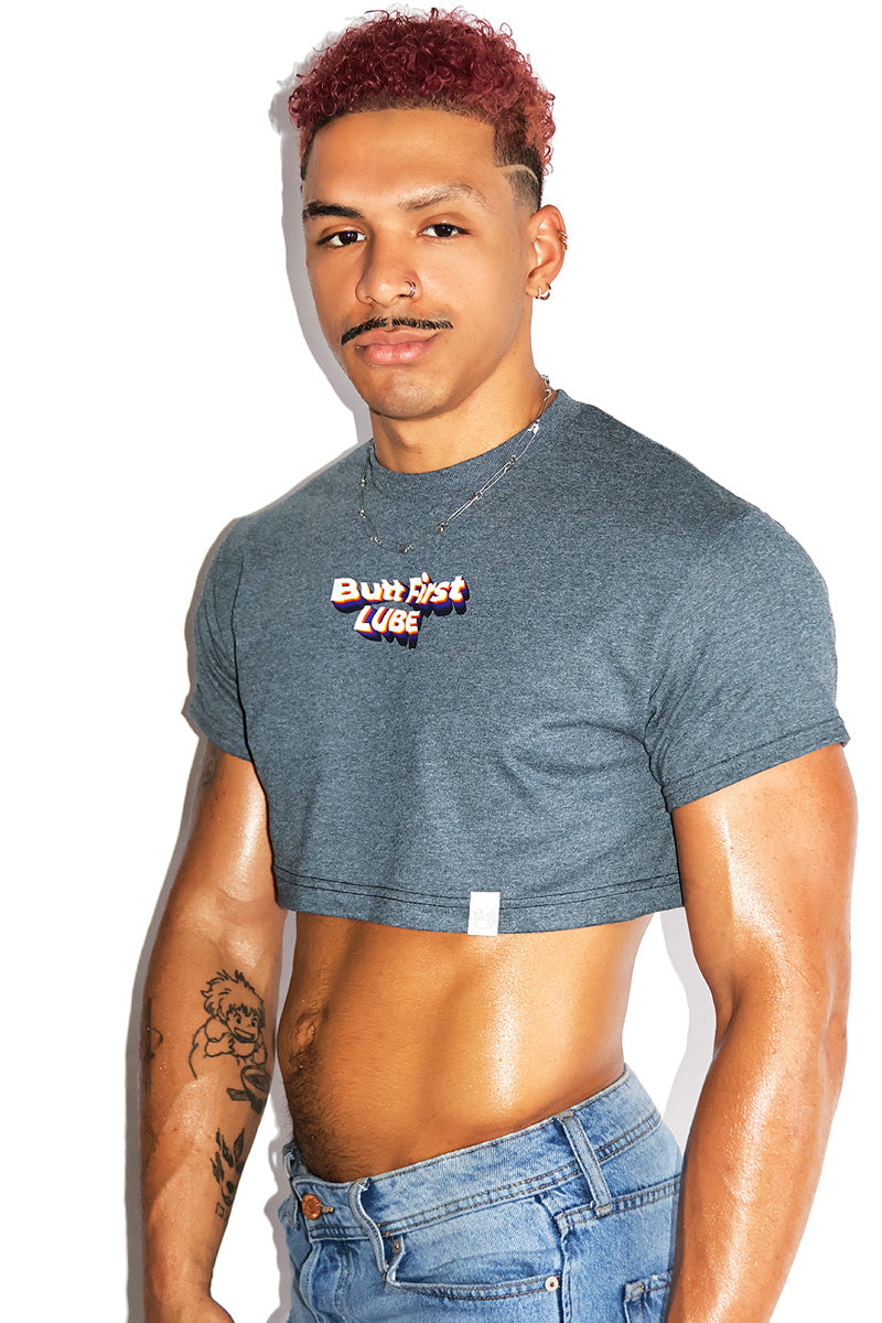 Butt First Lube Extreme Crop Tee-Dark Charcoal