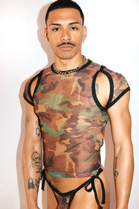 Army Camo Mesh Cutout Fitted Baby Tee- Black