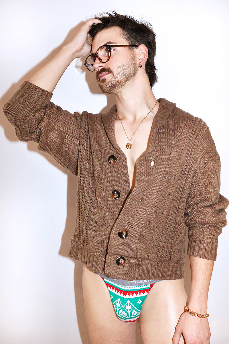 Holiday Shawl Collar Crop Sweater- Brown