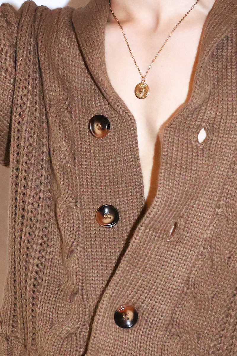 Holiday Shawl Collar Crop Sweater- Brown