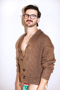 Holiday Shawl Collar Crop Sweater- Brown