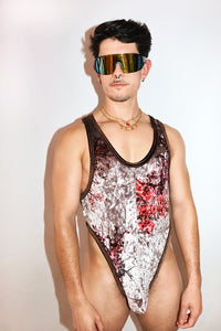 Midnight Sakura Cherry Blossom Thong Bodysuit- Grey