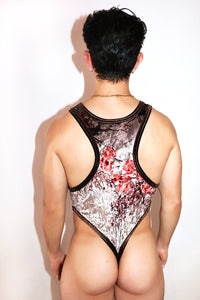 Midnight Sakura Cherry Blossom Thong Bodysuit- Grey