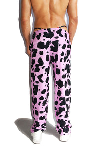 Cow All Over Print Wide Pants- Pink