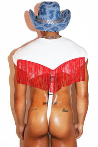 Cowboy Fringe Strap Thong Bodysuit- White