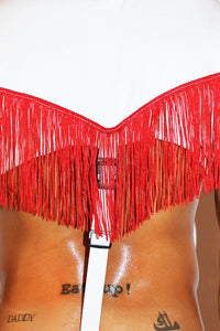 Cowboy Fringe Strap Thong Bodysuit- White