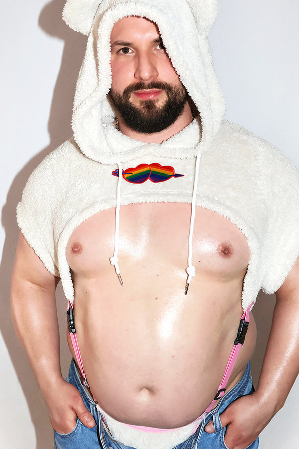 Love a lot Bear Hoodie Strap Thong Bodysuit- Cream