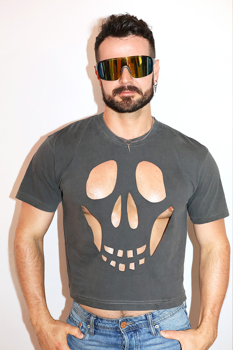 Skull Cutout Vintage Oversized Box Crop Tee- Black