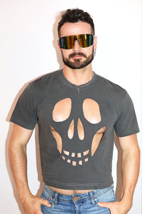 Skull Cutout Vintage Oversized Box Crop Tee- Black