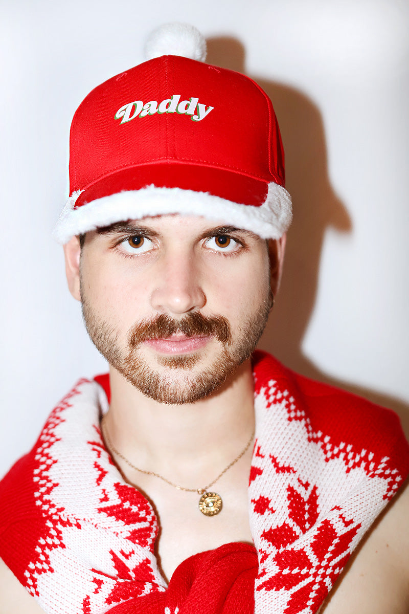 Santa Daddy Fur Pom Pom Dad Hat -Red