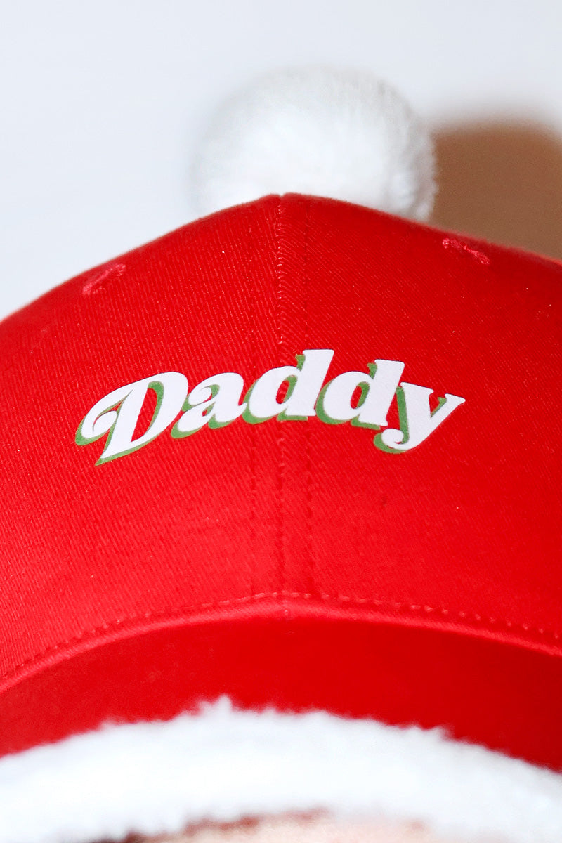 Santa Daddy Fur Pom Pom Dad Hat -Red